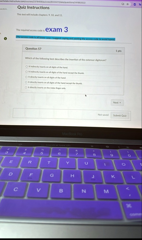 quiz instructions this test will include chapters 9 10 and 11 the required access code is exam 3 the access code is all lower case i suggest coping and pasting the access code to avoid typos 39114