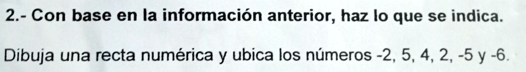 SOLVED: dibuja una recta numérica y ubica los números -2,5,4,2,-5y -6 ...