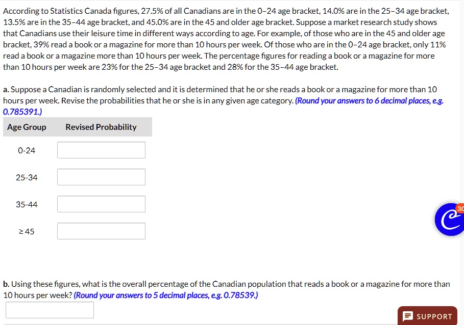 According to Statistics Canada figures, 27.5% of all Canadians are in the 0-24 age bracket, 14.0% are in the 25-34 age bracket,
13.5% are in the 35-44 age bracket, and 45.0% are in the 45 and older age bracket. Suppose a market research study shows
that Canadians use their leisure time in different ways according to age. For example, of those who are in the 45 and older age
bracket, 39% read a book or a magazine for more than 10 hours per week. Of those who are in the 0-24 age bracket, only 11%
read a book or a magazine more than 10 hours per week. The percentage figures for reading a book or a magazine for more
than 10 hours per week are 23% for the 25-34 age bracket and 28% for the 35-44 age bracket.
a. Suppose a Canadian is randomly selected and it is determined that he or she reads a book or a magazine for more than 10
hours per week. Revise the probabilities that he or she is in any given age category. (Round your answers to 6 decimal places, e.g.
0.785391.)
Age Group
Revised Probability
0-24
25-34
35-44
≥ 45
b. Using these figures, what is the overall percentage of the Canadian population that reads a book or a magazine for more than
10 hours per week? (Round your answers to 5 decimal places, e.g. 0.78539.)