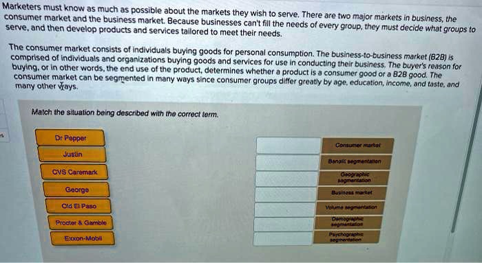 Marketers must know as much as possible about the markets they wish to serve. There are two major markets in business, the
consumer market and the business market. Because businesses can't fill the needs of every group, they must decide what groups to
serve, and then develop products and services tailored to meet their needs.
The consumer market consists of individuals buying goods for personal consumption. The business-to-business market (B2B) is
comprised of individuals and organizations buying goods and services for use in conducting their business. The buyer's reason for
buying, or in other words, the end use of the product, determines whether a product is a consumer good or a B2B good. The
consumer market can be segmented in many ways since consumer groups differ greatly by age, education, income, and taste, and
many other ways.
Match the situation being described with the correct term.
Dr Pepper
Justin
CVS Caremark
George
Old El Paso
Procter     Gamble
Exxon-Mobil
Consumer market
Benefit segmentation
Geographic
segmentation
Business market
Volume segmentation
Demographic
segmentation
Psychographic
segmentation