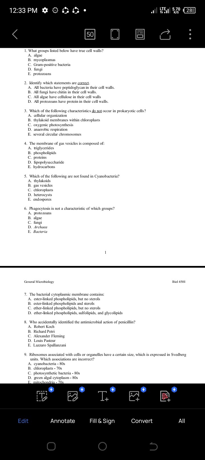 SOLVED 1233 PM 50 1. What groups listed below have true cell walls? A. algae B. mycoplasmas C