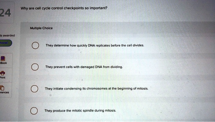 Why are cell cycle control checkpoints so important?
Multiple Choice
They determine how quickly DNA replicates before the cell divides.
They prevent cells with damaged DNA from dividing.
They initiate condensing its chromosomes at the beginning of mitosis.
They produce the mitotic spindle during mitosis.