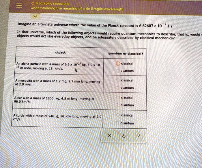 Solved Electronic Structure Understanding The Meaning Of De Broglie Wevelength Imaginc An Alternate Universe Where The Value Of The Planck Constant Is 6 J S Ih That Universe Which Of The Following Objects Would