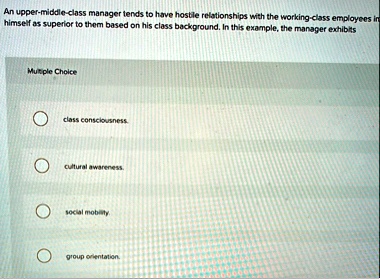 an upper middle class manager tends to have hostile relationships with the working class employees in himself as superior to them based on his class background in this example the manager ex 94387