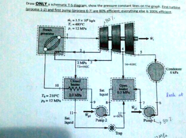 Draw ONLY a schematic T-S diagram, show the pressure constant lines on ...