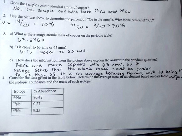 1. Does the sample contain identical atoms of copper?
No, the sample contains both 63Cu and 65Cu
2. Use the picture above to determine the percent of 63Cu in the sample. What is the percent of 65Cu?
63Cu = 14/20 = 70%
65Cu = 6/20 = 30%
3. a) What is the average atomic mass of copper on the periodic table?
63.546 u
b) Is it closer to 63 amu or 65 amu?
It is closer to 63 amu.
c) How does the information from the picture above explain the answer to the previous question?
There are more coppers with 63 amu, so it makes sence that the atomic mass would be closer to 63 than 65. It is an average between the two, with 63 being the majority.
4. Consider the data given in the table below. Determine the average mass of an element based on the isotopic abundance and the mass of each isotope
Isotope % Abundance
20Ne 90.48
21Ne 0.27
22Ne 9.25