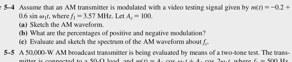 5-4 Assume that an AM transmitter is modulated with a video testing ...