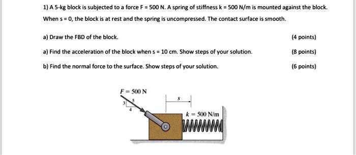 Solved 1 A 5 Kg Block Is Subjected To Force 500 N A Spring Of Stiffness K 500 N M Mounteo Against The Block When The Block Is At Rest And The Spring