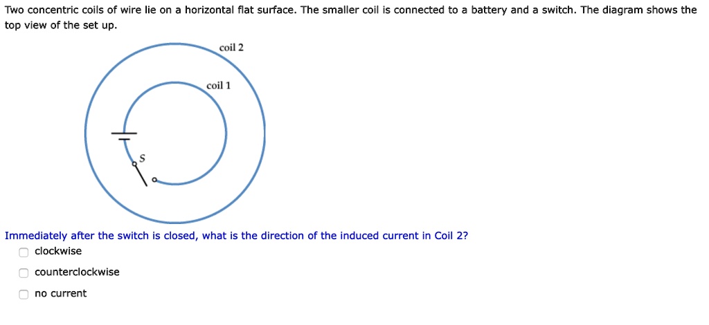 Two concentric coils of wire lie on a horizontal flat surface. The smaller coil is connected to a battery and a switch. The diagram shows the top view of the set up.
coil 2
coil 1
S
Immediately after the switch is closed, what is the direction of the induced current in Coil 2?
clockwise
counterclockwise
no current