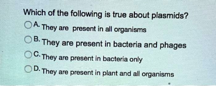 Which of the following is true about plasmids?
A. They are present in all organisms
B. They are present in bacteria and phages
C. They are present in bacteria only
D. They are present in plant and all organisms