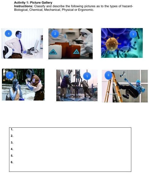 Activity 1: Picture Gallery
Instructions: Classify and describe the following pictures as to the types of hazard-
Biological, Chemical, Mechanical, Physical or Ergonomic.
1.
2.
3.
4.
5.
6.