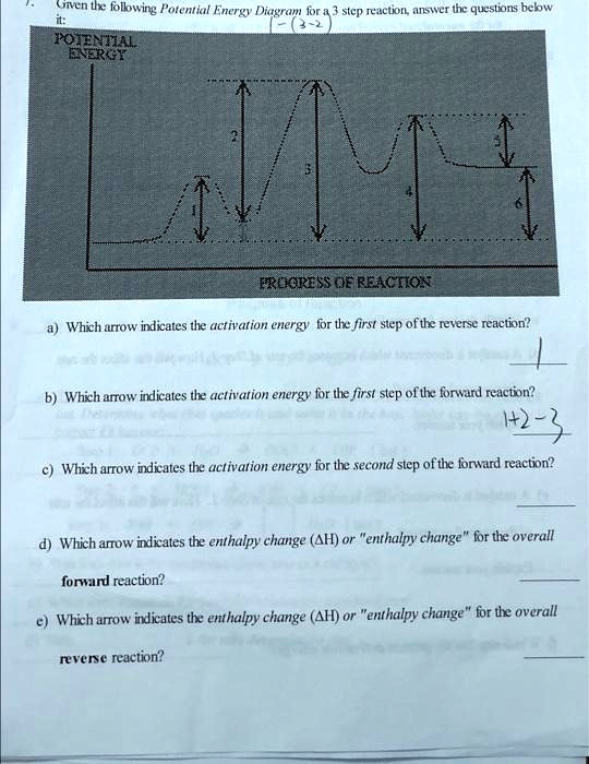 Given the following Potential Energy Diagram for a 3 step reaction, answer the questions below
it:
POTENTIAL
ENERGY
1-(3-2
2
3
4
PROGRESS OF REACTION
a) Which arrow indicates the activation energy for the first step of the reverse reaction?
b) Which arrow indicates the activation energy for the first step of the forward reaction?
142-2
c) Which arrow indicates the activation energy for the second step of the forward reaction?
d) Which arrow indicates the enthalpy change (AH) or "enthalpy change" for the overall
forward reaction?
e) Which arrow indicates the enthalpy change (AH) or "enthalpy change" for the overall
reverse reaction?