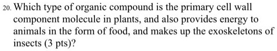 Which type of organic compound is the primary cell wall component molecule in plants, and also provides energy to animals in the form of food, and makes up the exoskeletons of insects (3 pts)?
