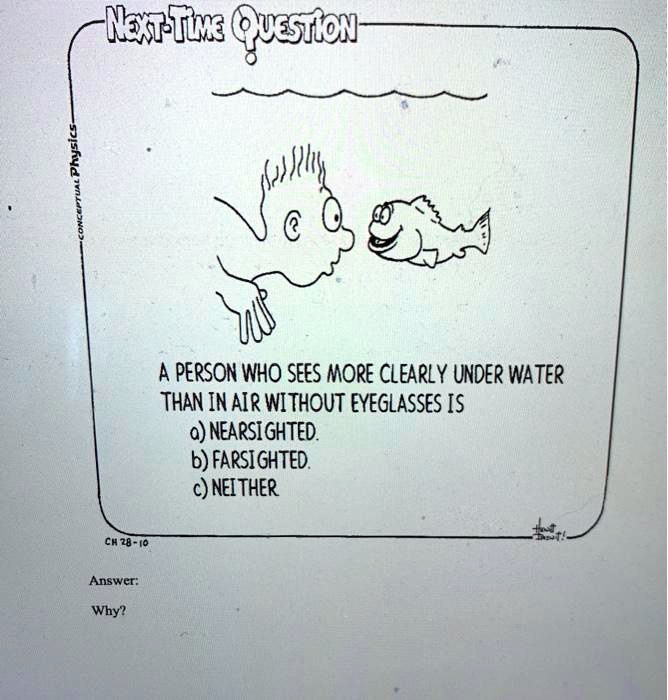 NEXT-TIME QUESTION
A PERSON WHO SEES MORE CLEARLY UNDER WATER
THAN IN AIR WITHOUT EYEGLASSES IS
a) NEARSIGHTED.
b) FARSIGHTED.
c) NEITHER