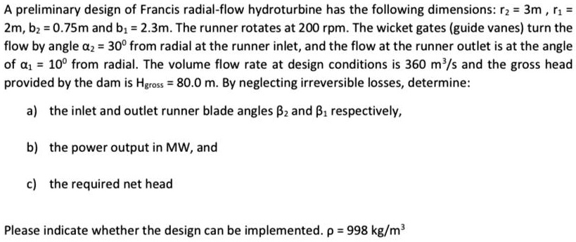 SOLVED: A preliminary design of Francis radial-flow hydroturbine has ...