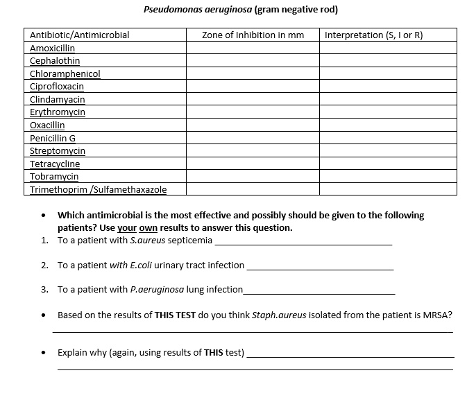 SOLVED: Pseudomonas aeruginosa (gram negative rod) Antibiotic ...