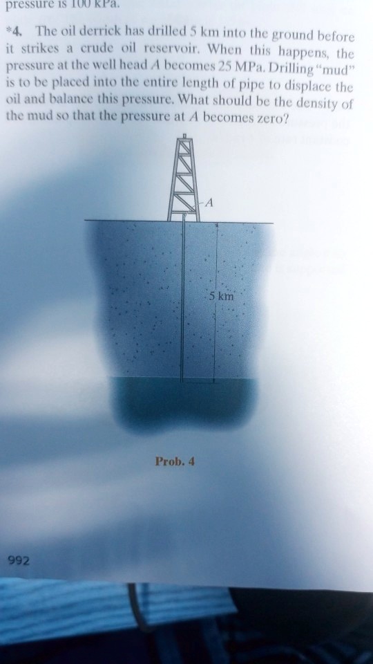 *4. The oil derrick has drilled 5 km into the ground before it strikes a crude oil reservoir. When this happens, the pressure at the well head A becomes 25 MPa. Drilling "mud" is to be placed into the entire length of pipe to displace the oil and balance this pressure. What should be the density of the mud so that the pressure at A becomes zero?