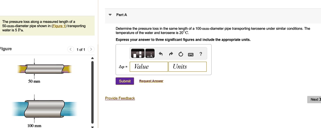 the pressure loss along a measured length of a 50 mm diameter pipe ...