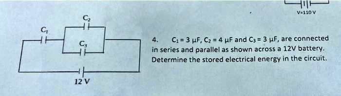 SOLVED: V = 110V C1 = 3F, C2 = 4F, and C3 = 3F are connected in series ...