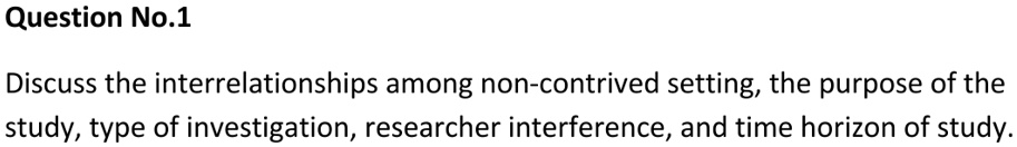 Question No.1
Discuss the interrelationships among non-contrived setting, the purpose of the
study, type of investigation, researcher interference, and time horizon of study.