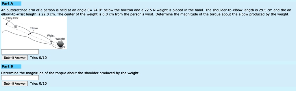 part an outstretched arm of person held at an angle 0 2408 below the horizon and 225 n weight placed in the hand the shoulder to elbow length is 295 cm and the an elbow to wrist length is 2 07023
