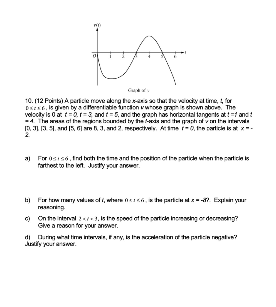 Graph of v

10. (12 Points) A particle move along the x-axis so that the velocity at time, t, for 0 ? t ? 6, is given by a differentiable function v whose graph is shown above. The velocity is 0 at t = 0, t = 3, and t = 5, and the graph has horizontal tangents at t = 1 and t = 4. The areas of the regions bounded by the t-axis and the graph of v on the intervals [0, 3], [3, 5], and [5, 6] are 8, 3, and 2, respectively. At time t = 0, the particle is at x = -2.

a) For 0 ? t ? 6, find both the time and the position of the particle when the particle is farthest to the left. Justify your answer.

b) For how many values of t, where 0 ? t ? 6, is the particle at x = -8?. Explain your reasoning.

c) On the interval 2 < t < 3, is the speed of the particle increasing or decreasing? Give a reason for your answer.

d) During what time intervals, if any, is the acceleration of the particle negative? Justify your answer.