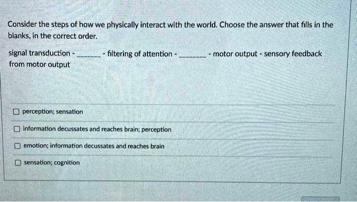 Consider the steps of how we physically interact with the world. Choose ...