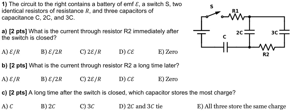 SOLVED: The circuit to the right contains a battery of emf ε, a switch ...