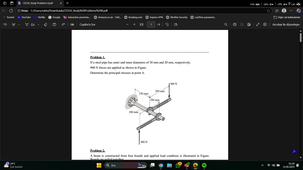problem 1 if a steel pipe has outer and inner diameters of 30 mm and 20 mm respectively 900 n forces are applied as shown in figure determine the principal stresses at point a 200 mm 900 n 2 90843