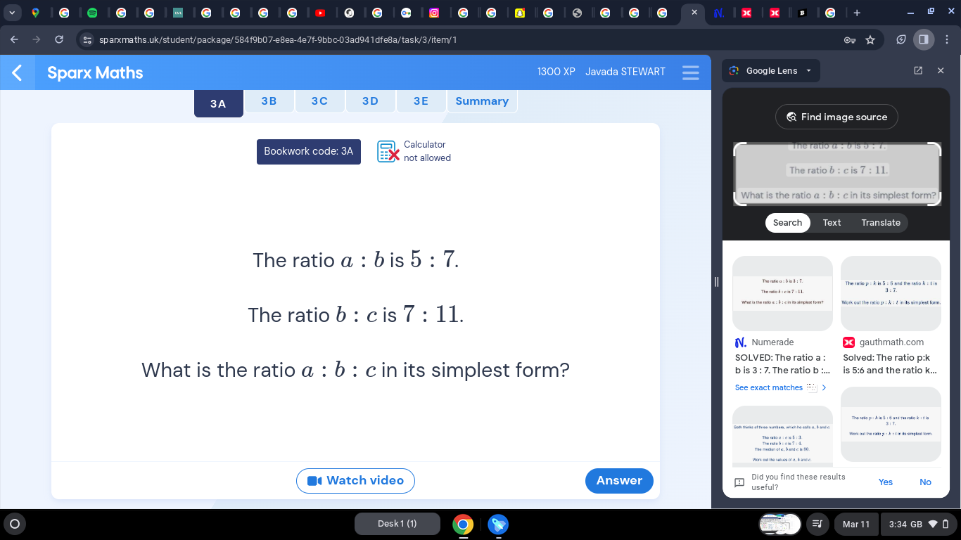 SOLVED: Sparx Maths 1300 XP Javada STEWART Google Lens 3A 3 B 3 C 3 D 3 ...