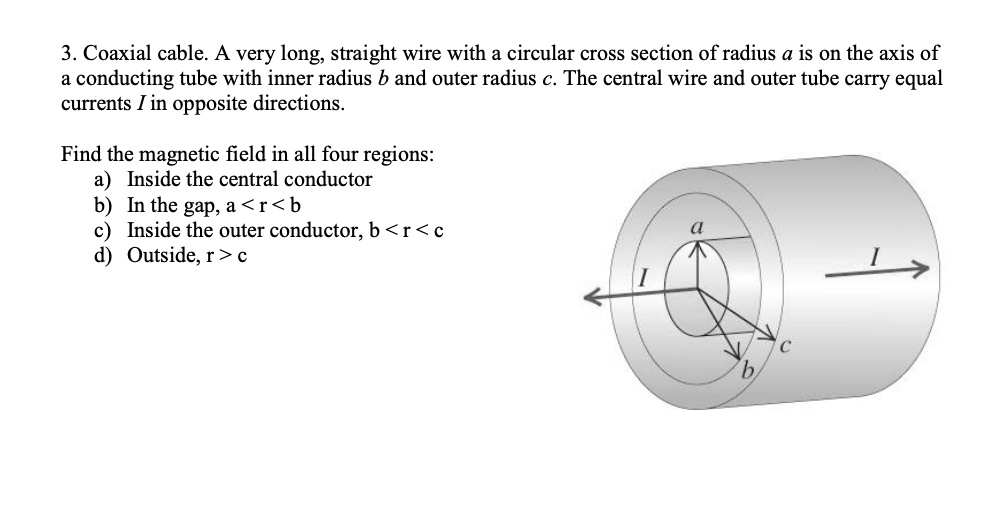 SOLVED: 3. Coaxial A very long; straight wire with a circular cross section of radius a is on the of conducting tube with inner radius b and outer radius c