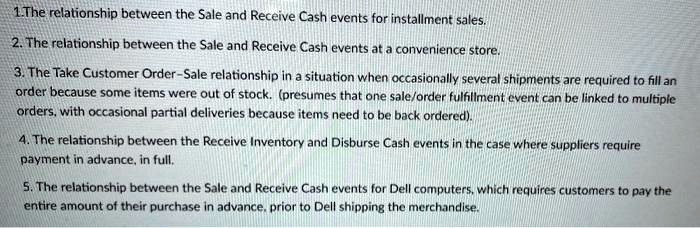 1.The relationship between the Sale and Receive Cash events for installment sales.
2. The relationship between the Sale and Receive Cash events at a convenience store.
3. The Take Customer Order-Sale relationship in a situation when occasionally several shipments are required to fill an
order because some items were out of stock. (presumes that one sale/order fulfillment event can be linked to multiple
orders, with occasional partial deliveries because items need to be back ordered).
4. The relationship between the Receive Inventory and Disburse Cash events in the case where suppliers require
payment in advance, in full.
5. The relationship between the Sale and Receive Cash events for Dell computers, which requires customers to pay the
entire amount of their purchase in advance, prior to Dell shipping the merchandise.