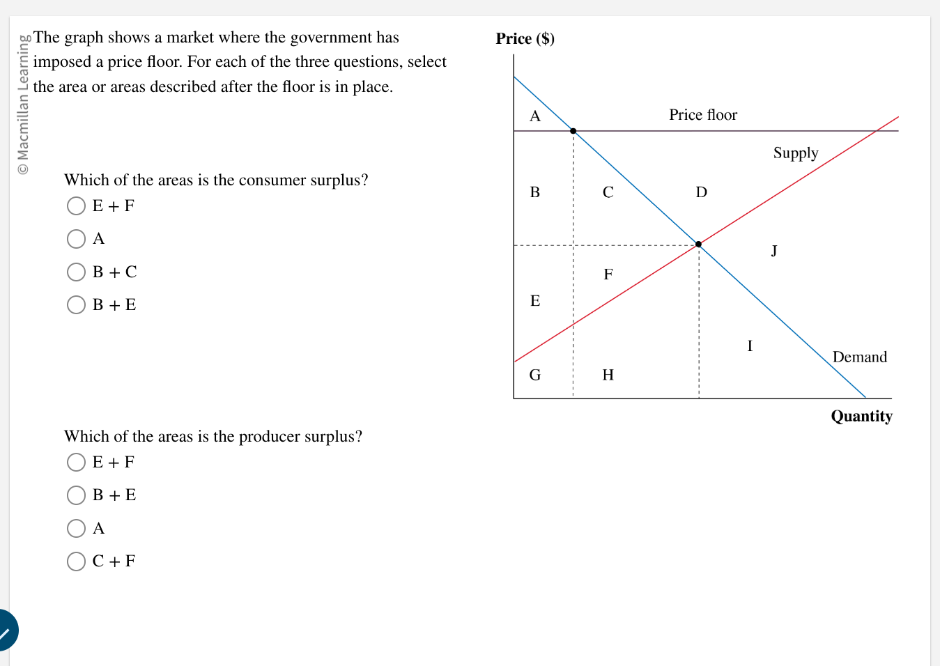 The graph shows a market where the government has imposed a price floor. For each of the three questions, select the area or areas described after the floor is in place.

Which of the areas is the consumer surplus?
E+F
A
B+C
B+E

Which of the areas is the producer surplus?
E+F
B+E
A
C+F
