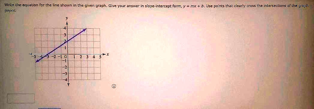 Write the equation for the line shown in the given graph. Give your answer in slope-intercept form, y = mx + b. Use points that clearly cross the intersections of the graph paper.