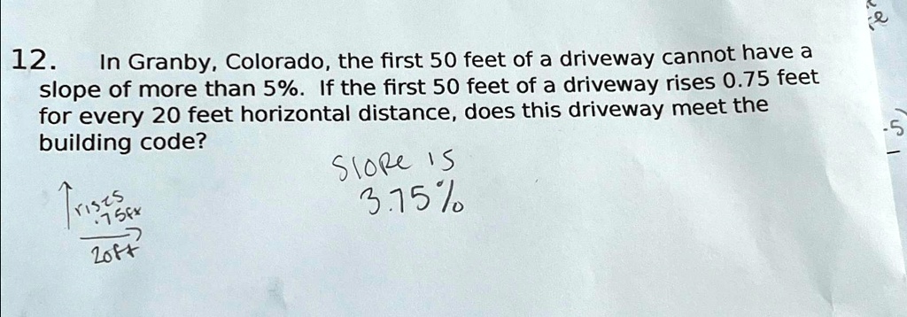 12. In Granby, Colorado, the first 50 feet of a driveway cannot have a slope of more than 5%. If the first 50 feet of a driveway rises 0.75 feet for every 20 feet horizontal distance, does this driveway meet the building code?