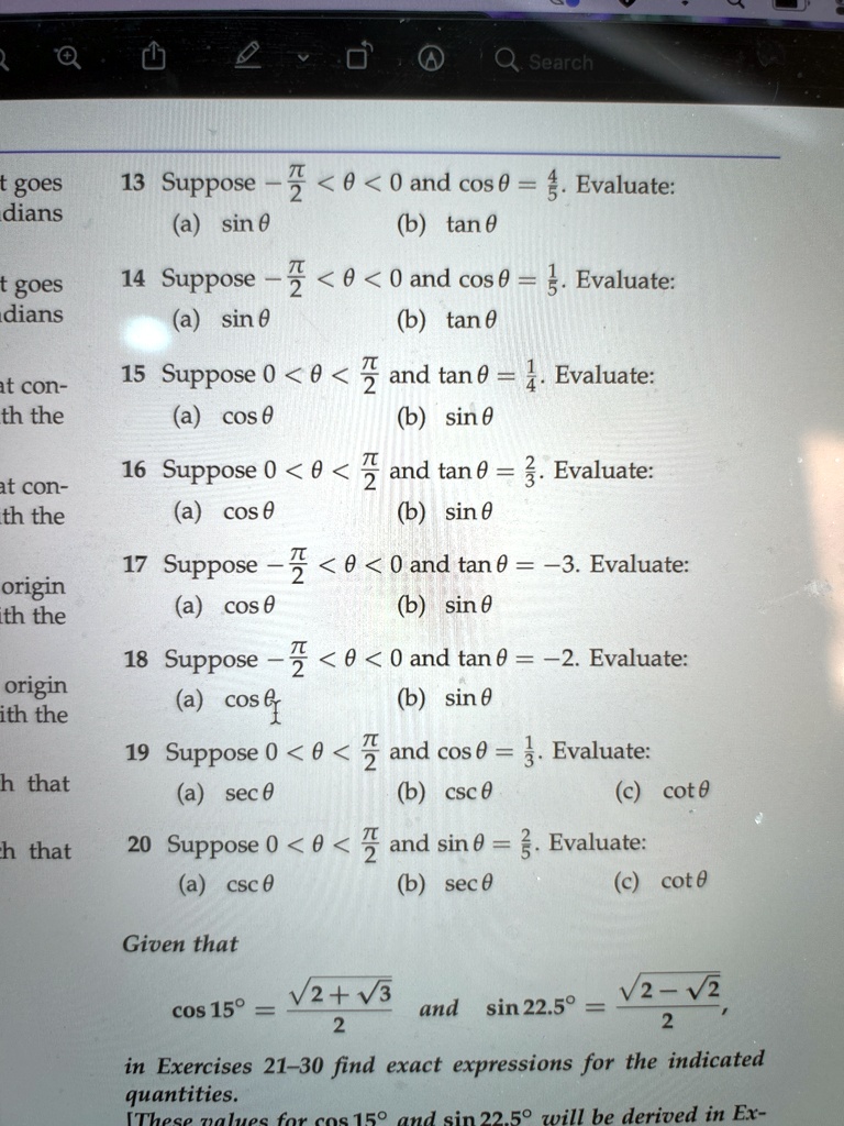 answer 16 18 20 t1 a search t goes dians tt 13 suppose 2 0 and cosevaluate asin b tan0 t goes dians 14 suppose asin b tan 15 suppose 0and tan 1evaluate acos0 bsin t con th the 16 suppose0 an 62278