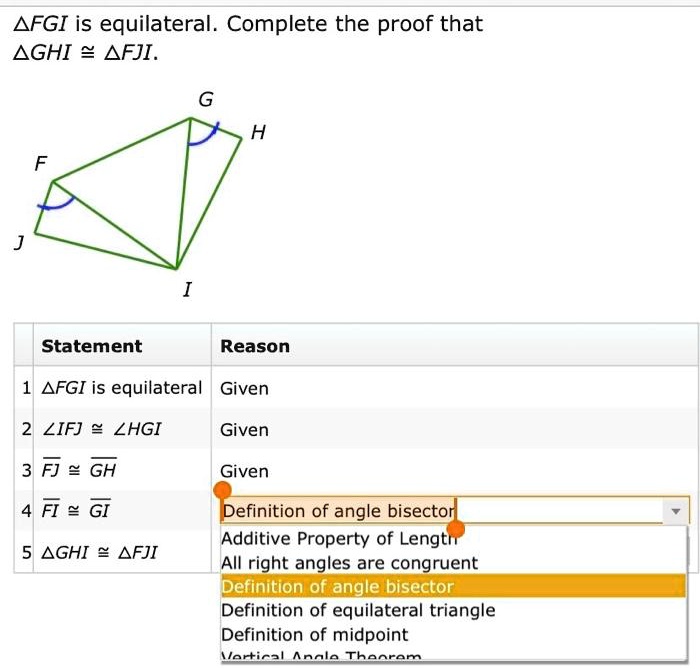 Solved afgi is equilateral complete the proof that aghi afji