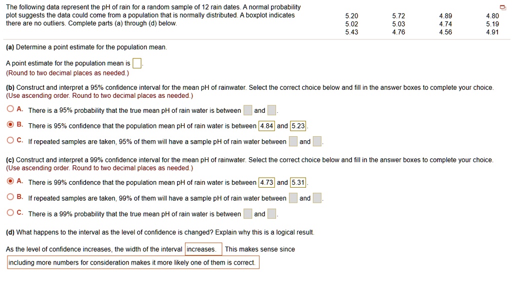 SOLVED The following data represent the pH of rain for a random sample