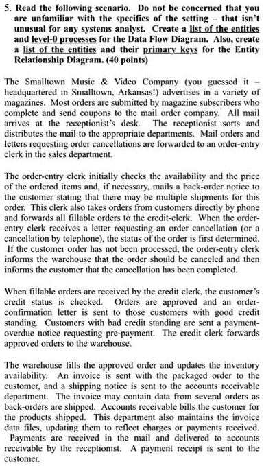 5. Read the following scenario. Do not be concerned that you are unfamiliar with the specifics of the setting - that isn't unusual for any systems analyst. Create a list of the entities and level-0 processes for the Data Flow Diagram. Also, create a list of the entities and their primary keys for the Entity Relationship Diagram. (40 points)

The Smalltown Music     Video Company (you guessed it - headquartered in Smalltown, Arkansas!) advertises in a variety of magazines. Most orders are submitted by magazine subscribers who complete and send coupons to the mail order company. All mail arrives at the receptionist's desk. The receptionist sorts and distributes the mail to the appropriate departments. Mail orders and letters requesting order cancellations are forwarded to an order-entry clerk in the sales department.

The order-entry clerk initially checks the availability and the price of the ordered items and, if necessary, mails a back-order notice to the customer stating that there may be multiple shipments for this order. This clerk also takes orders from customers directly by phone and forwards all fillable orders to the credit-clerk. When the order-entry clerk receives a letter requesting an order cancellation (or a cancellation by telephone), the status of the order is first determined. If the customer order has not been processed, the order-entry clerk informs the warehouse that the order should be canceled and then informs the customer that the cancellation has been completed.

When fillable orders are received by the credit clerk, the customer's credit status is checked. Orders are approved and an order-confirmation letter is sent to those customers with good credit standing. Customers with bad credit standing are sent a payment-overdue notice requesting pre-payment. The credit clerk forwards approved orders to the warehouse.

The warehouse fills the approved order and updates the inventory availability. An invoice is sent with the packaged order to the customer, and a shipping notice is sent to the accounts receivable department. The invoice may contain data from several orders as back-orders are shipped. Accounts receivable bills the customer for the products shipped. This department also maintains the invoice data files, updating them to reflect charges or payments received. Payments are received in the mail and delivered to accounts receivable by the receptionist. A payment receipt is sent to the customer.