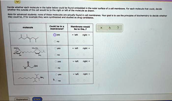 Decide whether each molecule in the table below could be found embedded in the outer surface of a cell membrane. For each molecule that could, decide whether the outside of the cell would lie to the right or left of the molecule as drawn.
Note for advanced students: none of these molecules are actually found in cell membranes. Your goal is to use the principles of biochemistry to decide whether they could be, if for example they were synthesized and studied as drug candidates.
molecule
Could be in a
membrane?
Membrane would
be to the..?
X
5
?
O yes
– left	right –
no
yes
– left	right –
no
yes
– left	right –
OH
no
yes
– left	right –
no