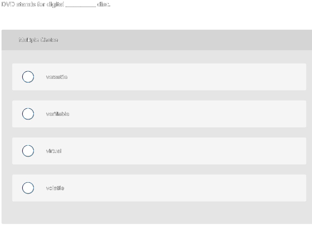 dvd stands for digital  disc multiple choice versatile verifiable virtual volatile 48425