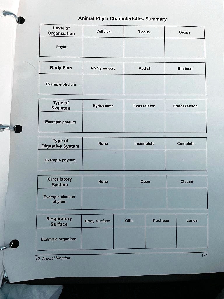 SOLVED: Animal Phyla Characteristics Summary Level of Organization ...