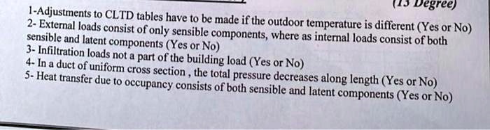 1-Adjustments to CLTD tables have to be made if the outdoor temperature is different (Yes or No)
2- External loads consist of only sensible components, where as internal loads consist of both
sensible and latent components (Yes or No)
3- Infiltration loads not a part of the building load (Yes or No)
4- In a duct of uniform cross section, the total pressure decreases along length (Yes or No)
5- Heat transfer due to occupancy consists of both sensible and latent components (Yes or No)
