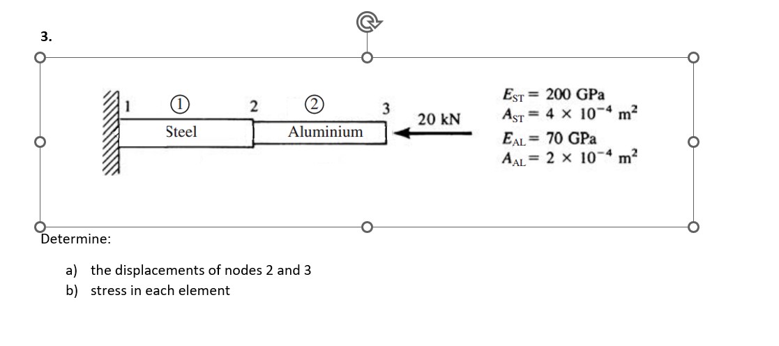 3.
1 ? 2 ? 3 20 kN
Steel Aluminium
EST = 200 GPa
AST = 4 x 10^-4 m^2
EAL = 70 GPa
AAL = 2 x 10^-4 m^2
Determine:
a) the displacements of nodes 2 and 3
b) stress in each element