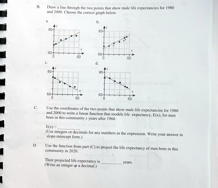 Draw a line through the two points that show male life expectancies for ...