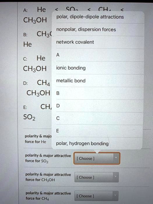 SOLVED: He CO2 polar; dipole-dipole attractions CH3OH nonpolar ...