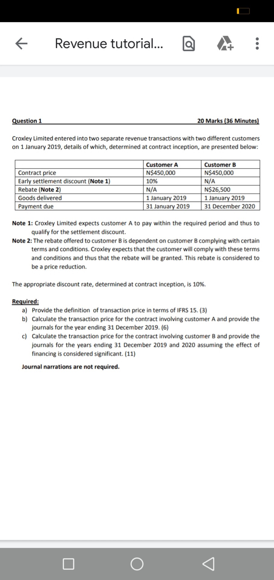 Question 1
20 Marks (36 Minutes)

Croxley Limited entered into two separate revenue transactions with two different customers on 1 January 2019, details of which, determined at contract inception, are presented below:

| | Customer A | Customer B |
| :— | :— | :— |
| Contract price | N450,000 | N450,000 |
| Early settlement discount (Note 1) | 10% | N/A |
| Rebate (Note 2) | N/A | N26,500 |
| Goods delivered | 1 January 2019 | 1 January 2019 |
| Payment due | 31 January 2019 | 31 December 2020 |

Note 1: Croxley Limited expects customer A to pay within the required period and thus to qualify for the settlement discount.
Note 2: The rebate offered to customer B is dependent on customer B complying with certain terms and conditions. Croxley expects that the customer will comply with these terms and conditions and thus that the rebate will be granted. This rebate is considered to be a price reduction.

The appropriate discount rate, determined at contract inception, is 10%.

Required:
a) Provide the definition of transaction price in terms of IFRS 15. (3)
b) Calculate the transaction price for the contract involving customer A and provide the journals for the year ending 31 December 2019. (6)
c) Calculate the transaction price for the contract involving customer B and provide the journals for the years ending 31 December 2019 and 2020 assuming the effect of financing is considered significant. (11)

Journal narrations are not required.