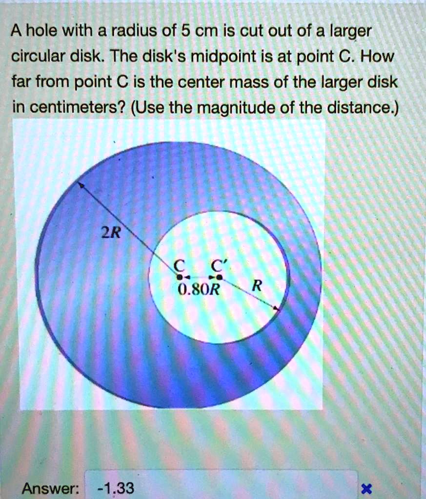 SOLVEDhole with a radius of 5 cm is cut out of a larger circular disk