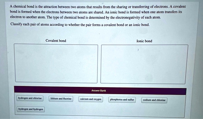A chemical bond is the attraction between two atoms that results from the sharing or transferring of electrons. A covalent bond is formed when the electrons between two atoms are shared. An ionic bond is formed when one atom transfers its electron to another atom. The type of chemical bond is determined by the electronegativity of each atom. Classify each pair of atoms according to whether the pair forms a covalent bond or an ionic bond. Covalent bond Ionic bond Answer Bank hydrogen and chlorine lithium and fluorine calcium and oxygen phosphorus and sulfur sodium and chlorine hydrogen and hydrogen