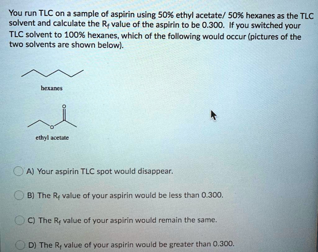 SOLVED: You run TLC on a sample of aspirin using 50% ethyl acetatel 50% ...